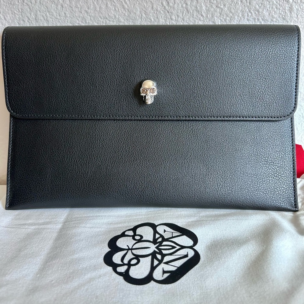 New Alexander McQueen Soft Red Leather Skull Clasp Envelope Clutch Purse